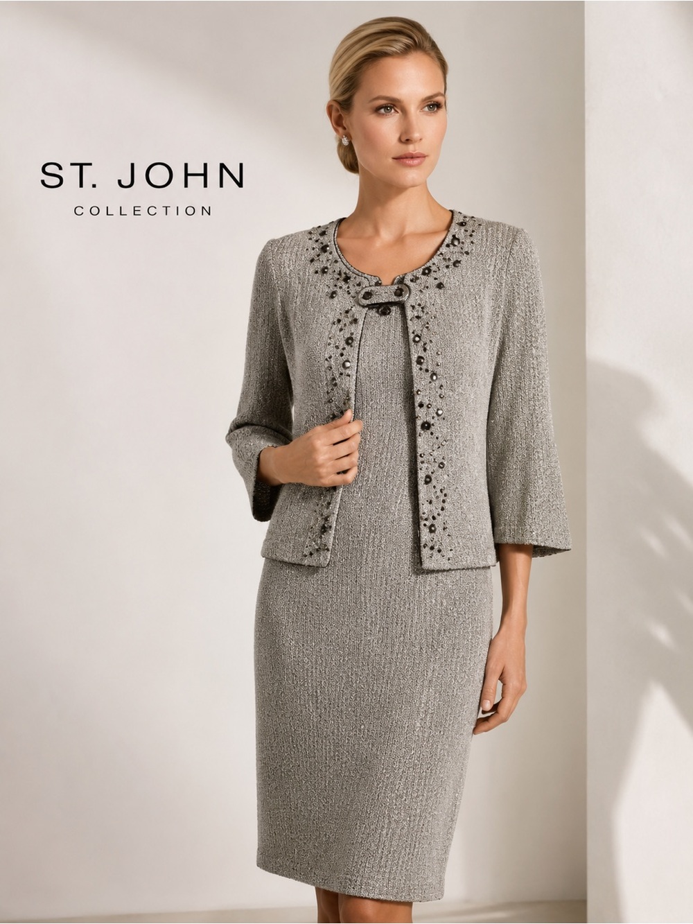 St. John Collection Knit Dress Suit Beige Embellished Jacket USA Made Size 14